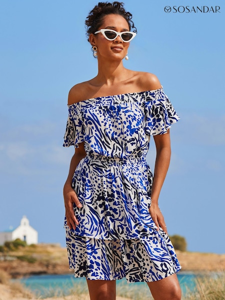 Sosandar Blue Animal Print Frill Detail Bardot Crinkle Dress (E68429) | €69