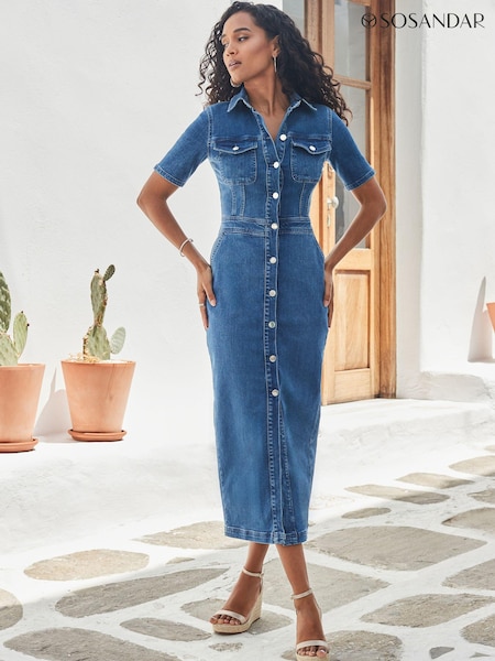 Sosandar Blue Short Sleeve Button Front Denim Midaxi Dress (E68430) | €95