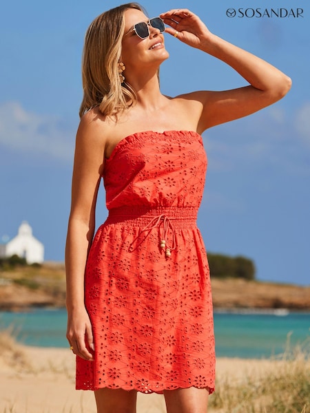Sosandar Pink Broderie Shirred Waist Bandeau 100% Cotton Dress (E68433) | $96