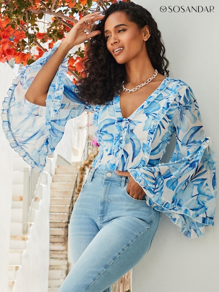 Sosandar Floral Print Ruffle Detail Blouse (E68438) | ‏246‏₪