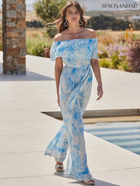 Sosandar Floral Print Bardot Wide Leg Crinkle Jumpsuit With Belt (E68485) | 391 LEI