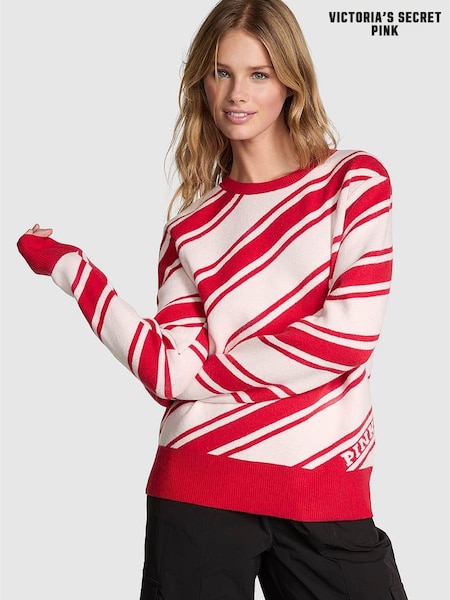 Victoria's Secret PINK White Shell Candy Cane Stripe Christmas Crewneck Jumper (E68898) | €56