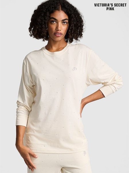 Victoria's Secret PINK White Shell Long Sleeve Diamante Oversized T-Shirt (E68905) | €22.50