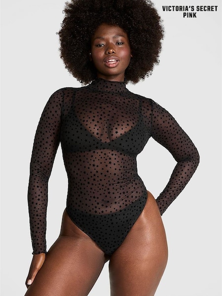 Victoria's Secret PINK Black Star Chaser Lace Mock Neck Bodysuit (E68906) | €40