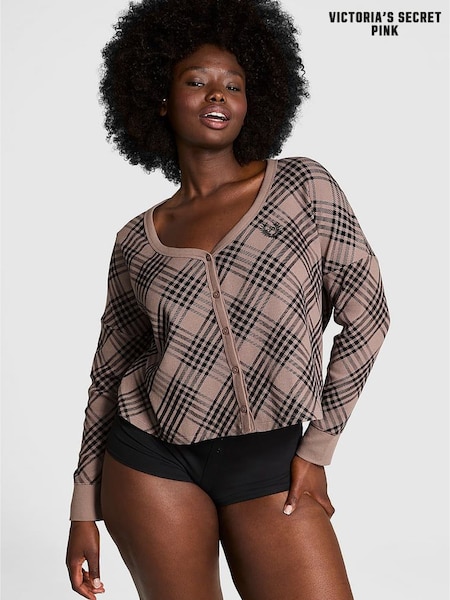 Victoria's Secret PINK Iced Coffee Brown Thermal Cropped Cardigan Pyjama Top (E68952) | €15.50