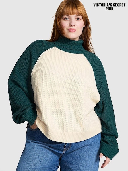 Victoria's Secret PINK White Shell / Deep Forest Green Turtleneck Knitted Jumper (E68954) | €56