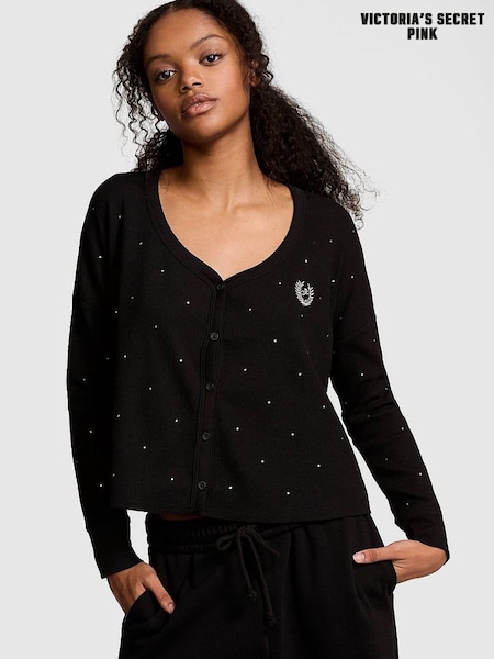 Victoria's Secret PINK Black Diamante Thermal Cropped Cardigan Pyjama Top (E68959) | €15.50