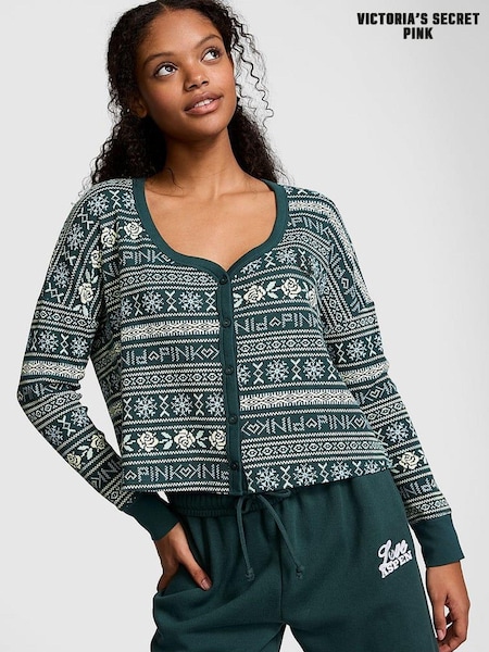 Victoria's Secret PINK Deep Forest Green Thermal Cropped Cardigan Pyjama Top (E68965) | €15.50