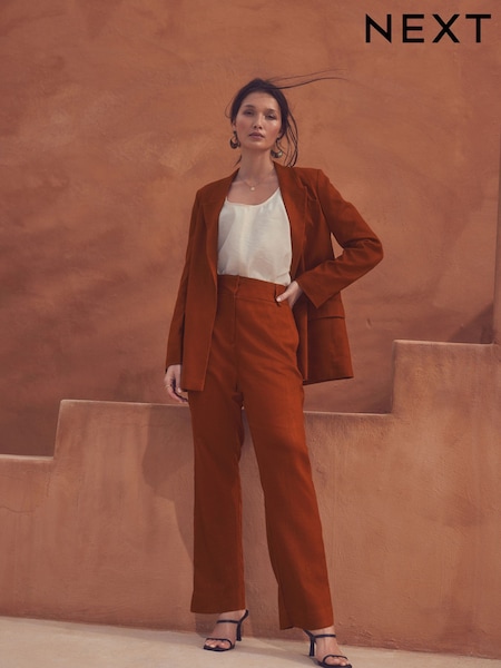 Rust Brown Elastic Back Wide Leg Trousers With Linen (E69003) | AED117