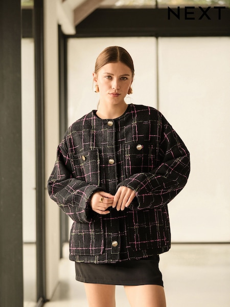 Black Checked Collarless Jacket (E69121) | €52