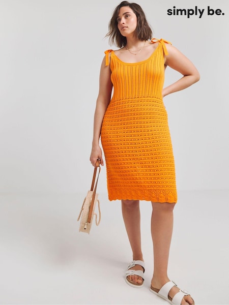 Simply Be Orange 100% Cotton Crochet Tie Shoulder Dress (E69302) | ₪161