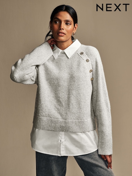رمادي - Layered Long Sleeve Collared Gold Detailed Button Jumper With Wool And 100% Cotton Shirt (E69590) | ‏215 ر.ق.