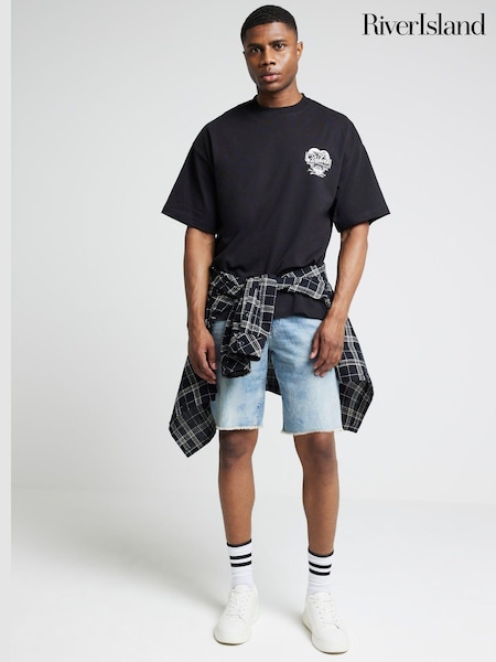 River Island Black Short Sleeve 100% Cotton Heart Print Moto T-Shirt (E69653) | €14