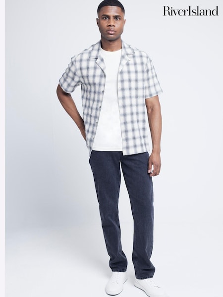 River Island Cream Short Sleeve 100% Cotton Check Revere Shirt (E69656) | €18
