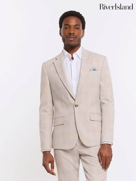 River Island Brown Check Slim Fit Suit Jacket (E69657) | AED291