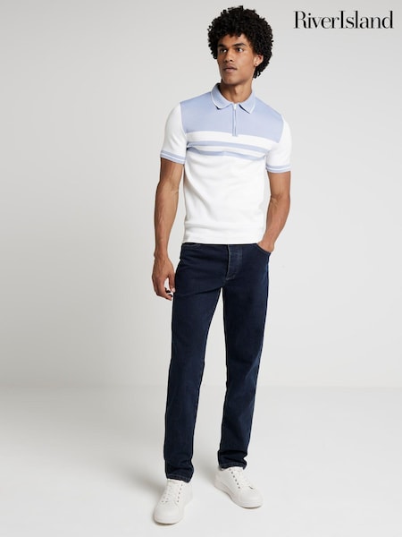 River Island White Muscle Fit Chest Blocked 100% Cotton Polo Shirt (E69662) | €18