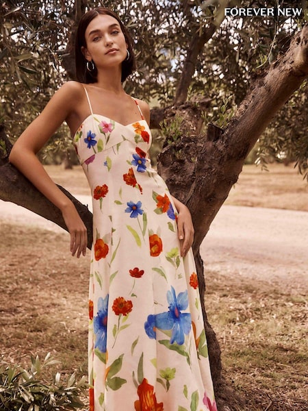 Forever New White Vayda Strap Midi Sun Dress with a Touch of Linen (E69709) | €82