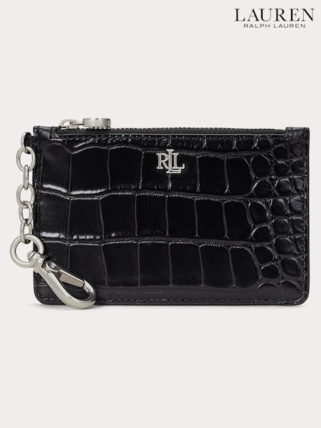 Noir - Lauren Ralph Lauren Glossy Crocs Porte-cartes en cuir avec fermeture éclair (E69774) | € 70