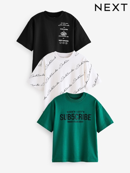 Schwarz/Weiß/Grün mit Sub5cribe-Motiv - Relaxed Fit Graphic Print Short Sleeve 100% Cotton T-Shirts 3 Pack (3-16yrs) (E69781) | 19 € - 25 €