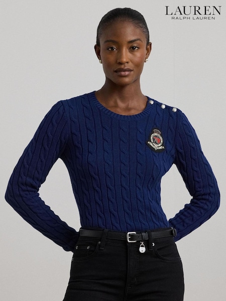 Lauren Ralph Lauren Cable Knit Crest Logo 100% Cotton Jumper (E69873) | €150