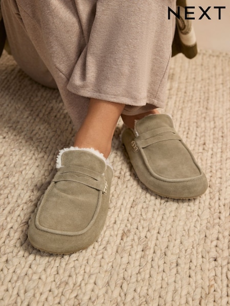 Khaki Vihreä - Suede Loafer Mule Slippers With Borg Lining (E69997) | €44