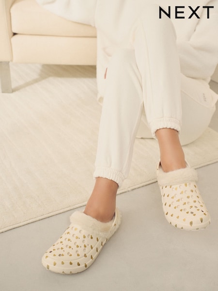 White/Gold Heart Womens Faux Fur Lined Clogs Slippers (E69998) | SGD 38