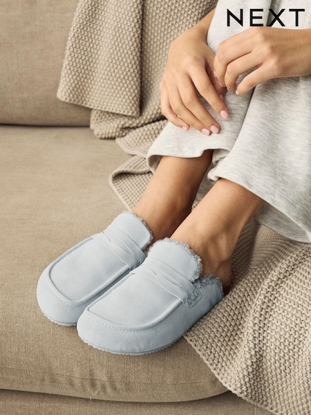 Sininen - Suede Loafer Mule Slippers With Borg Lining (E69999) | €44