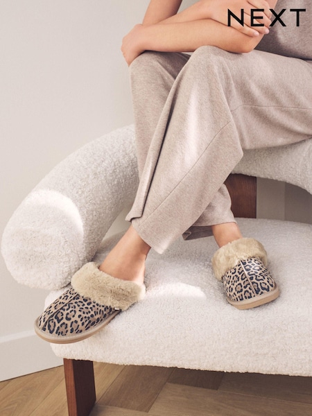 Animal Suede Faux Fur Lined Mule Slippers (E70000) | R$ 185