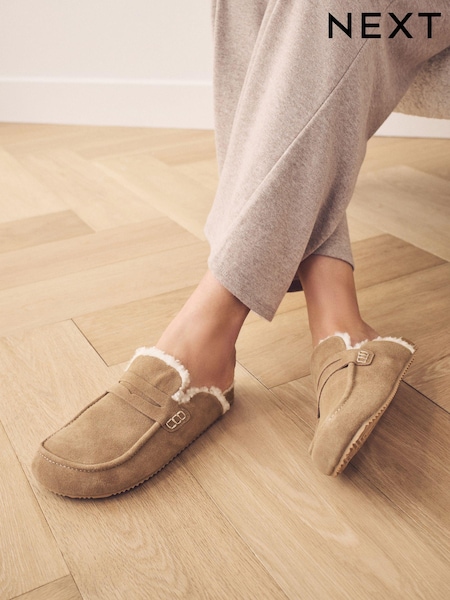 بني فاتح بني - Suede Loafer Mule Slippers With Borg Lining (E70001) | ‏165 ر.س.‏