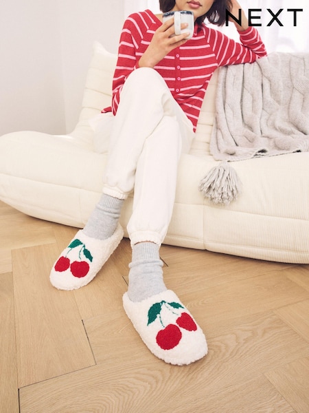 Ecru Cherries Borg Graphic Mule Slippers (E70006) | €16
