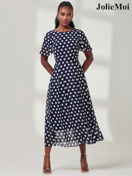 Jolie Moi Blue Spotted Chiffon Fit & Flare Midi Dress (E70011) | €95