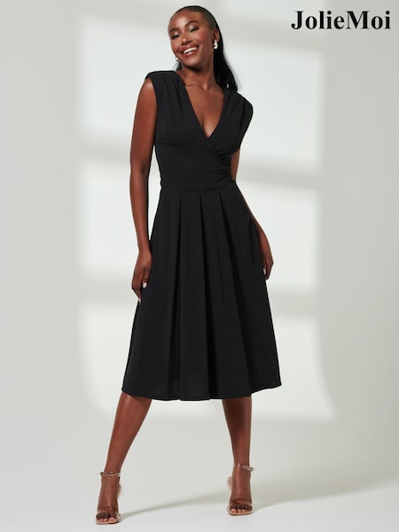 Jolie Moi Black Yuina Scuba Pleated Flare Midi Dress (E70015) | 371 QAR