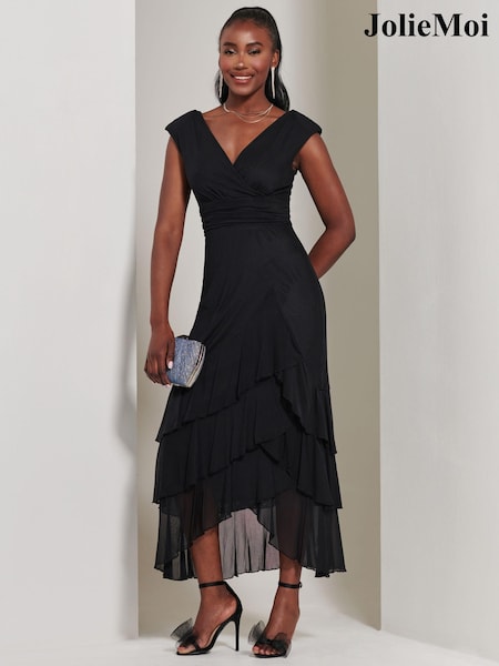 Jolie Moi Black Wrap Bodice Mesh Frill Maxi Dress (E70016) | $138
