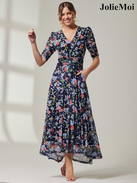 Jolie Moi Blue V-Neck Short Sleeve Mesh Maxi Dress (E70017) | € 94