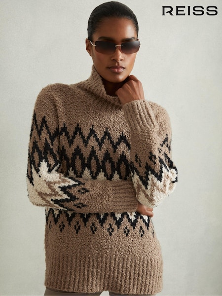 Reiss Brown Bobbi Chunky Fairisle Pattern Knit Funnel Neck Jumper (E70173) | €85