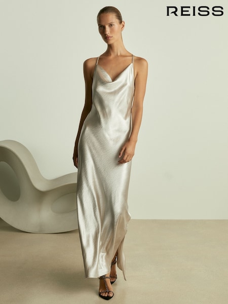 Reiss Silver Paisley Cowl-Neck Hammered-Satin Slip Dress (E70180) | €210