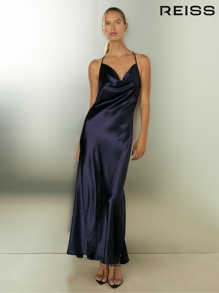 Reiss Indigo Paisley Cowl-Neck Hammered-Satin Slip Dress (E70185) | 1,014 QAR