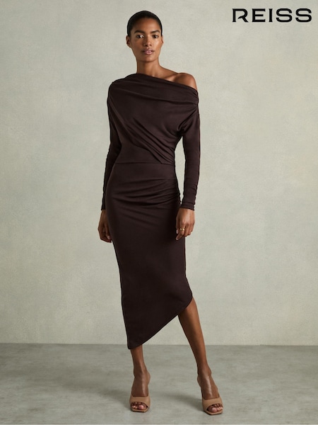 Reiss Brown Fleur Off-The-Shoulder Ruched Jersey Midi Dress (E70192) | €225