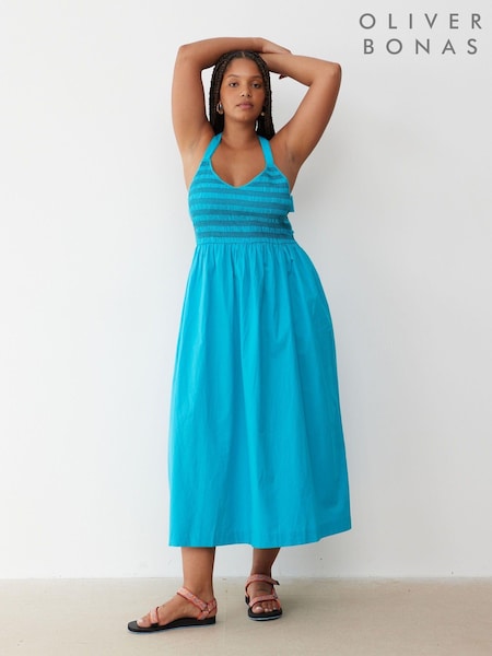 Oliver Bonas Shirred Cross-Over Strap 100% Cotton Midi Dress (E70243) | 326 LEI