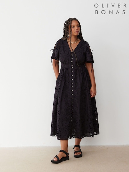 Oliver Bonas Broderie Tie Sleeve Midi Dress (E70260) | 396 LEI