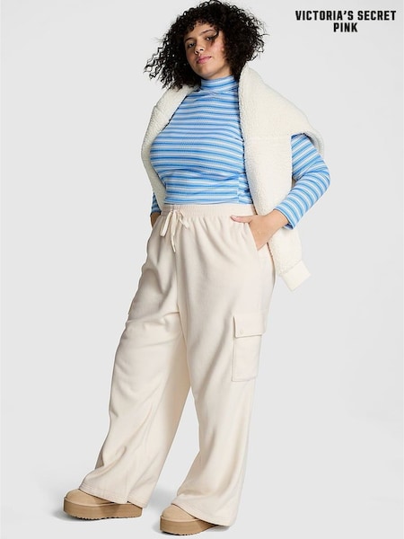 Victoria's Secret PINK White Shell Fleece Wide Leg Cargo Joggers (E70355) | €52