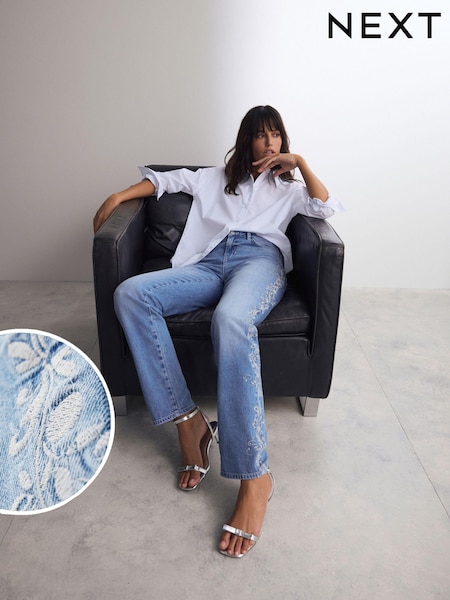 Mid Blue 100% Cotton Embroidered Straight Leg Jeans (E70433) | € 37