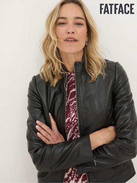 FatFace Leanna Black Quilted Leather Jacket (E70453) | €171