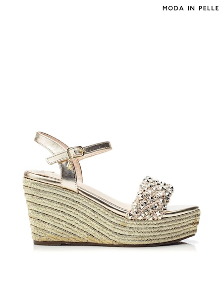 Moda in Pelle Gold Paysen Studded Woven Vamp Two Part Wedges (E70888) | AED230