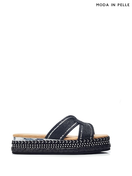 Moda in Pelle Naiah Low Wedge Raffia H-Band Black Sliders (E70893) | AED230