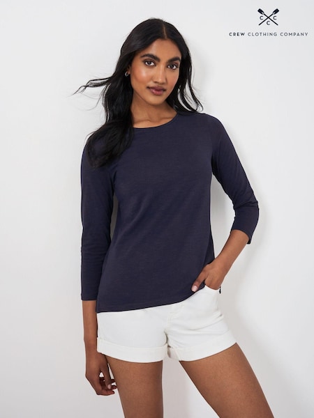 Crew Clothing Blue Long Sleeve Perfect Slub Crew Neck 100% Cotton T-Shirt (E71117) | 124 QAR