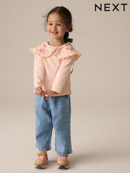 Coral Pink Flower Embroidery Long Sleeve Collar Top (3mths-7yrs) (E71140) | AED46 - AED56