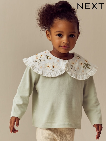 Green Flower Embroidery Long Sleeve Collar Top (3mths-7yrs) (E71141) | €11 - €14