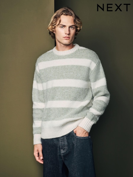 Ecru White/Sage Green Regular Fit Stripe Textured Crew Jumper (E71210) | €20