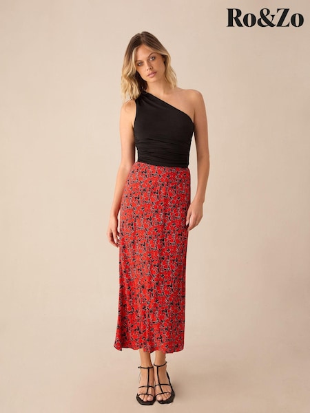 Ro&Zo Red Blurred Flroal Print Bias Cut Maxi Skirt (E71345) | €45